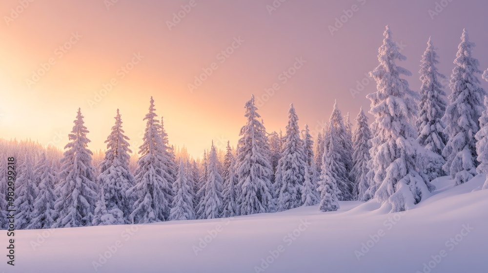 A tranquil pine forest covered in snow glows warmly in the last light of twilight, with hues of orange illuminating the serene landscape A tranquil pine forest covered in snow glows warmly in the last light of twilight, with hues of orange illuminating the serene landscape