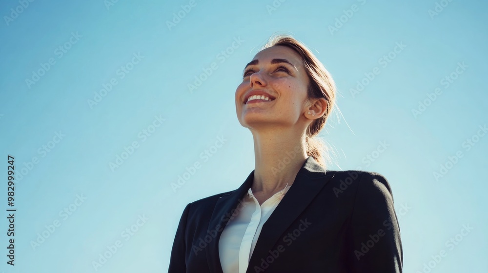 A businesswoman stands outdoors wearing a tailored suit, smiling confidently while looking toward the sky, exuding optimism and professionalism in bright daylight A businesswoman stands outdoors wearing a tailored suit, smiling confidently while looking toward the sky, exuding optimism and professionalism in bright daylight