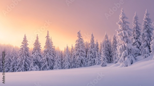 A tranquil pine forest covered in snow glows warmly in the last light of twilight, with hues of orange illuminating the serene landscape