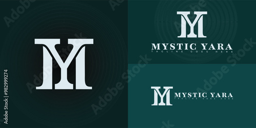 Modern vector initial letter MY or YM logo in soft blue-white color isolated on multiple background colors. The logo is suitable for halal beauty brand logo design inspiration templates.