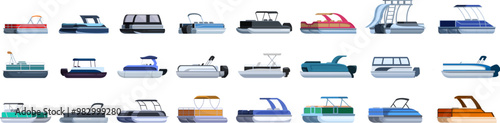 Pontoon boat icons set. Set of isolated images with various models of pontoon boats for leisure and fishing on water surface