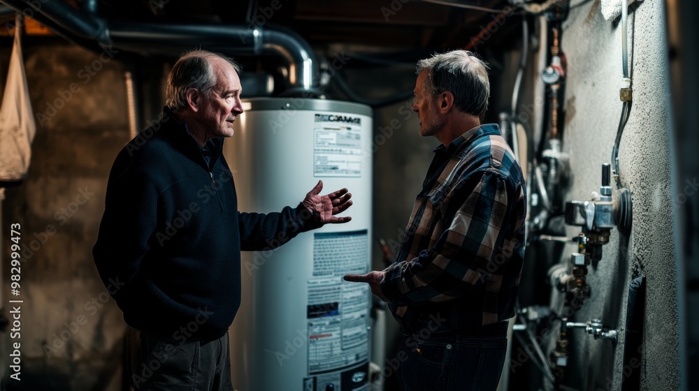 A plumber is detailing the features and functions of a newly installed water heater to a homeowner in a basement setting. The discussion emphasizes practical advice and maintenance tips A plumber is detailing the features and functions of a newly installed water heater to a homeowner in a basement setting. The discussion emphasizes practical advice and maintenance tips
