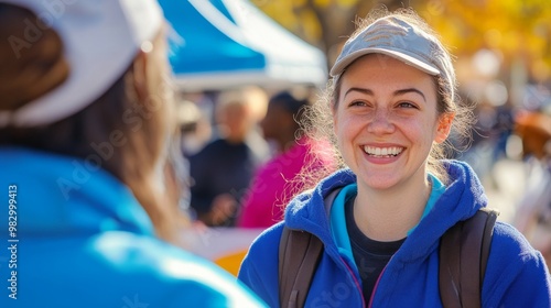 A cheerful volunteer engages in conversation with a community member at an outdoor outreach event, creating a warm and inviting atmosphere for attendees photo