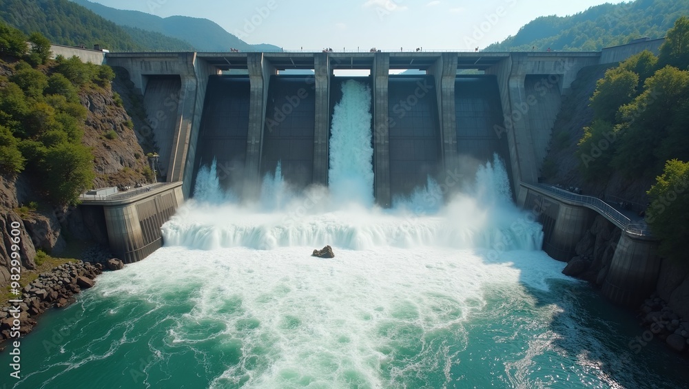 Aerial view of massive dam with rushing whitewater below Aerial view of massive dam with rushing whitewater below