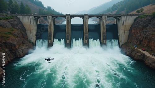 Aerial view of massive dam with rushing whitewater below photo