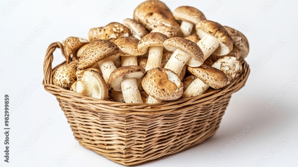 A collection of mushrooms rests within a basket, isolated against a pure white backdrop. A collection of mushrooms rests within a basket, isolated against a pure white backdrop.