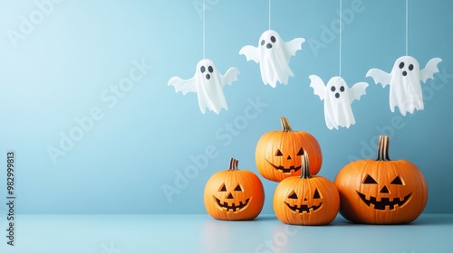 Vibrant orange pumpkins with carved faces sit alongside playful ghost decorations hanging against a light blue background, creating a fun Halloween atmosphere