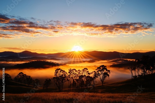 The soft  golden glow of the rising sun just beginning to peek over the horizon  casting long shadows