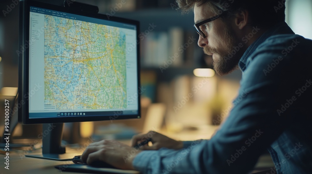 A focused man is seated at his desk, analyzing geographic data on his computer screen. The office is illuminated, creating a productive atmosphere for work A focused man is seated at his desk, analyzing geographic data on his computer screen. The office is illuminated, creating a productive atmosphere for work