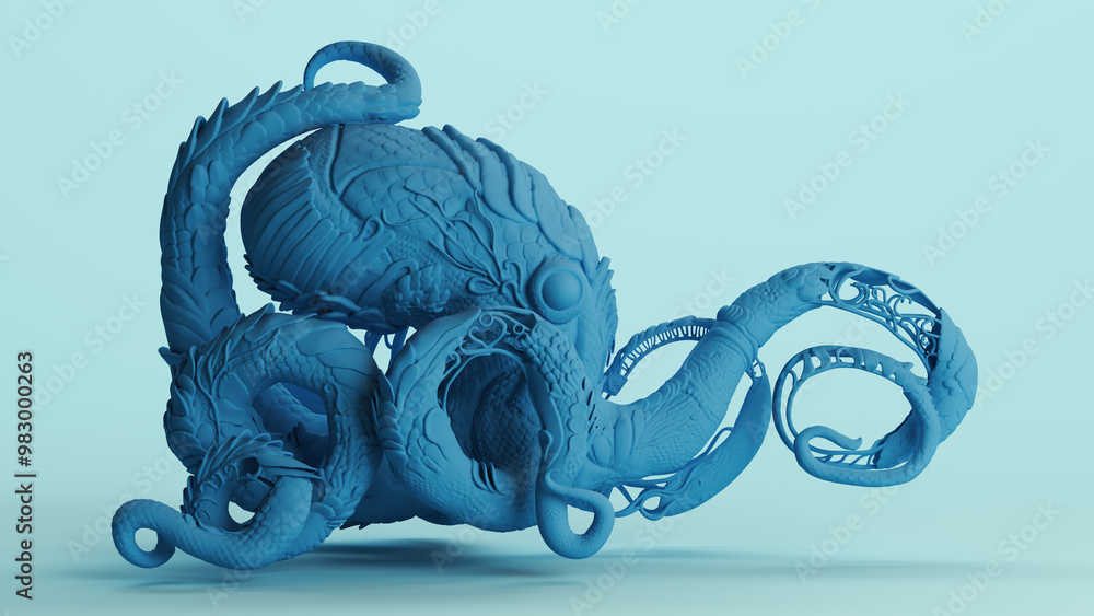 Blue kraken nautilus cthulhu type sculpture tentacles monochrome pale ...