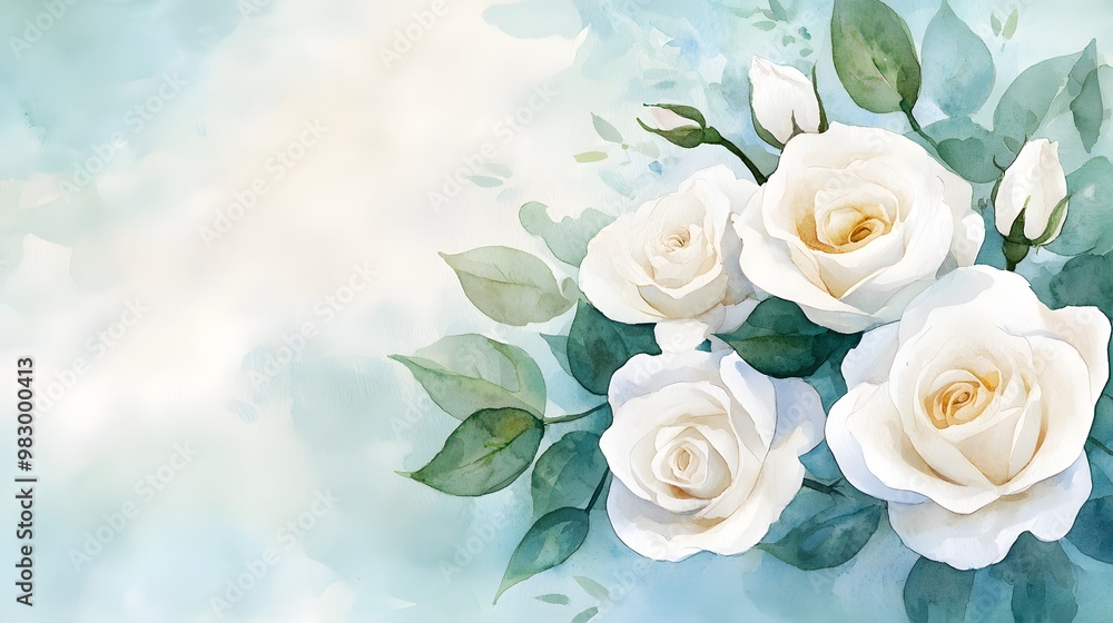 Two white roses are painted on a blue background. The roses are the main focus of the image, and the blue background serves as a complementary color that enhances the overall aesthetic Two white roses are painted on a blue background. The roses are the main focus of the image, and the blue background serves as a complementary color that enhances the overall aesthetic