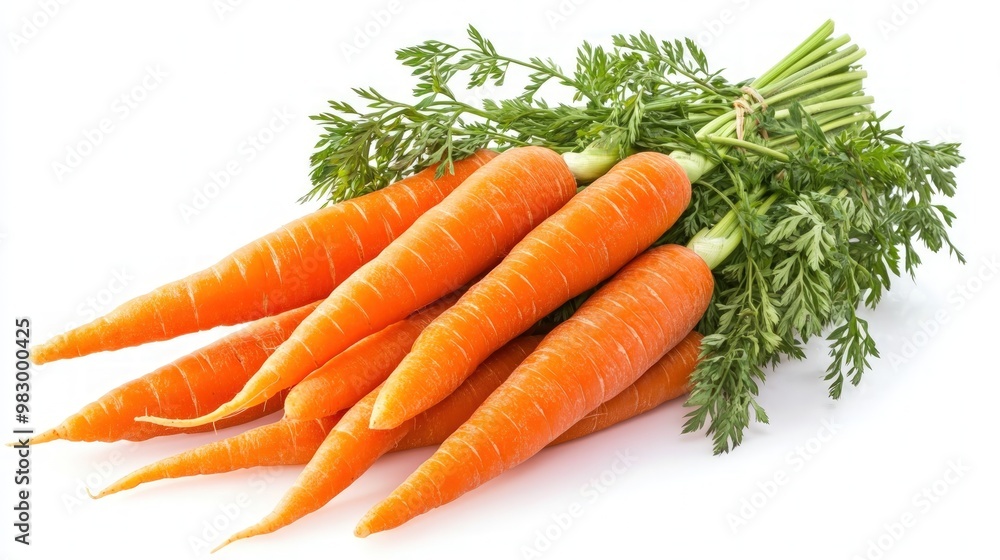 A bunch of fresh carrots with green leaves isolated on a white background. A bunch of fresh carrots with green leaves isolated on a white background.