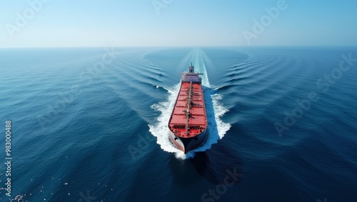 Oil tanker ship sailing through ocean with foamy trail clear sky in background