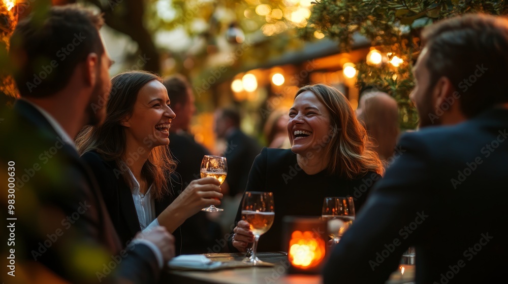A group of colleagues shares laughter and clinks their glasses at an outdoor terrace bar, enjoying a pleasant evening filled with conversation and camaraderie A group of colleagues shares laughter and clinks their glasses at an outdoor terrace bar, enjoying a pleasant evening filled with conversation and camaraderie