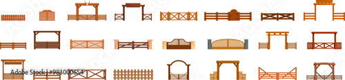 Ranch gate icons set. Set of different fences for ranch or farm presenting wooden barriers for rural areas in various design