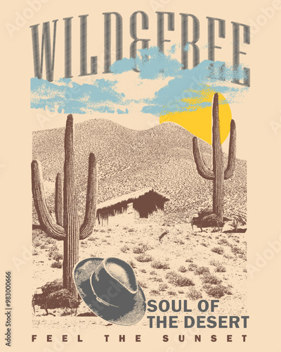 Arizona vintage desert print artwork, western vibes t-shirt design, grunge texture mountain print. summer clothing print look like cow boy, cow girl retro art Arizona desert vibes t-shirt