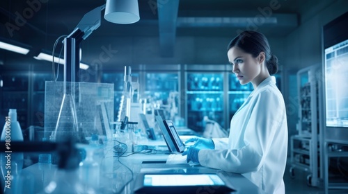 A scientist in a modern lab busy at work on her research, surrounded by advanced technology and equipment.