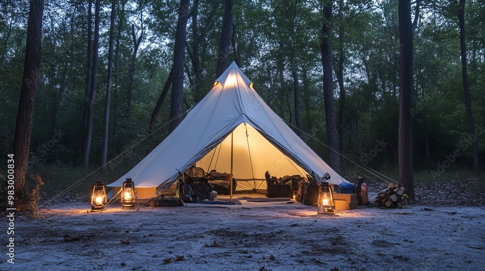 A large, white tent is set up in a wooded area. Camping gear and lanterns surround the tent. The sky is dark, and it is evening. A large, white tent is set up in a wooded area. Camping gear and lanterns surround the tent. The sky is dark, and it is evening.
