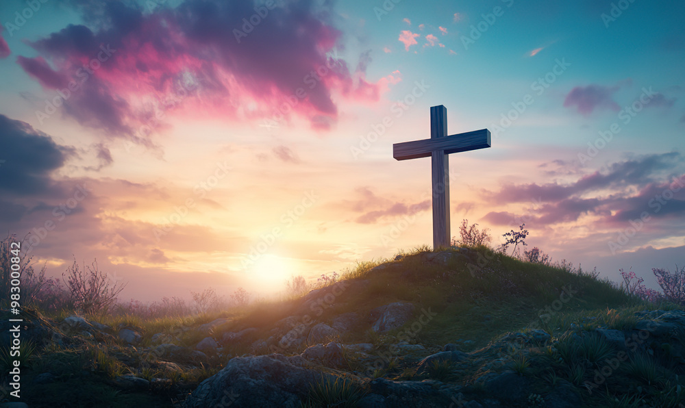 A cross on the hill with a sunset sky background, an Easter concept A cross on the hill with a sunset sky background, an Easter concept