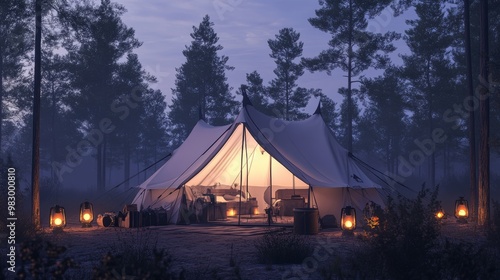 A large, white tent is set up in a wooded area. Camping gear and lanterns surround the tent. The sky is dark, and it is evening.