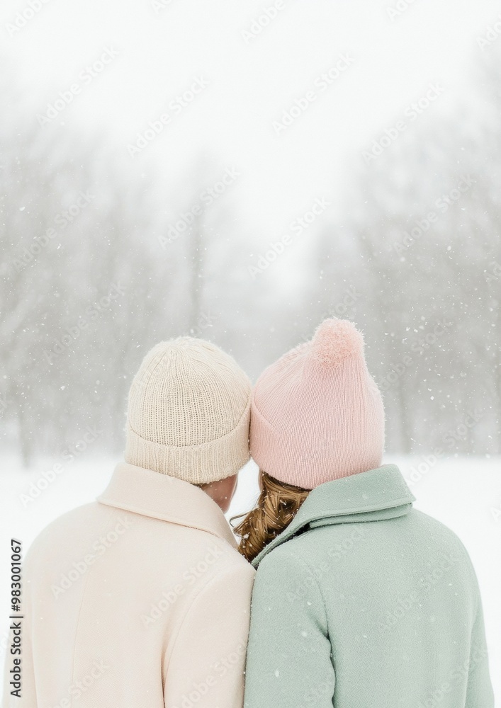 Romantic Kiss in Minimalist Winter Wonderland with Snowy Silhouettes Romantic Kiss in Minimalist Winter Wonderland with Snowy Silhouettes