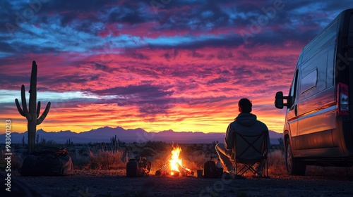 Van life during a road trip through a desert landscape, with cacti in the background, and a cozy campfire set up next to the van under a colorful evening sky photo