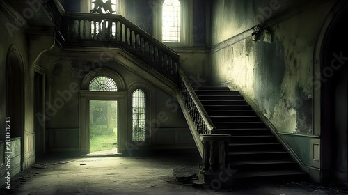 An Abandoned Mansion with Grand Staircase and Open Door