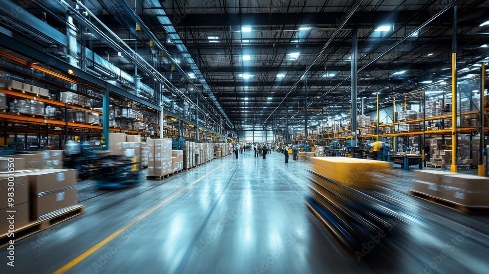 A busy warehouse floor showcases technicians efficiently moving between workstations where automated machines assemble key components for production A busy warehouse floor showcases technicians efficiently moving between workstations where automated machines assemble key components for production
