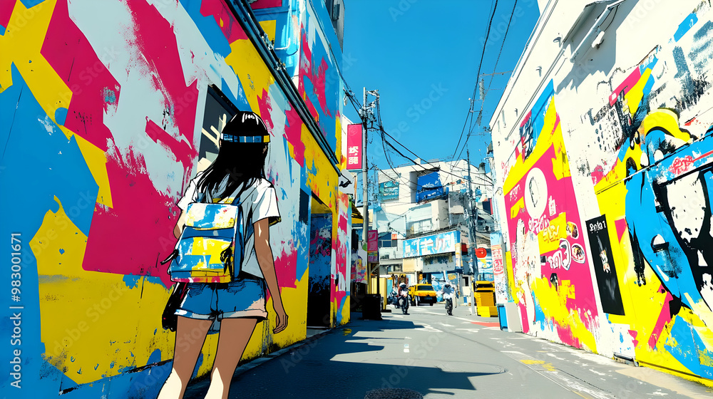 Naklejka premium Anime Girl Walking Down Graffiti-Covered Street Illustration