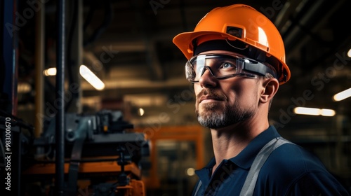 Wallpaper Mural Hardened factory worker in a protective helmet gazes upwards, surrounded by industrial equipment under low lighting, symbolizing resilience and dedication. Torontodigital.ca