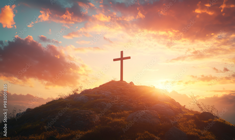 Obraz premium A cross on the hill with a sunset sky background, an Easter concept
