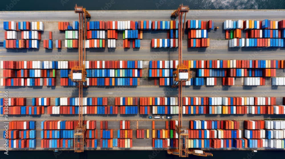 Obraz premium Aerial view of a bustling port filled with colorfully stacked shipping containers, depicting global trade and the complexity of modern logistics.