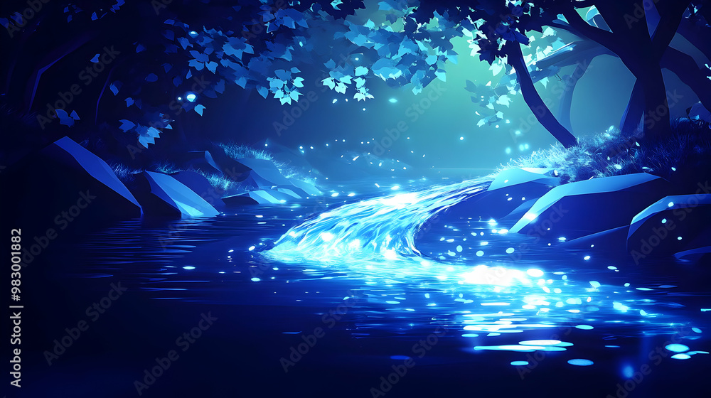 Glowing River Flows Through a Magical Forest at Night