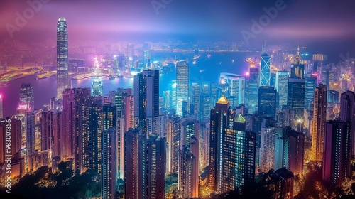 energy of a bustling cityscape at night, with illuminated skyscrapers photo