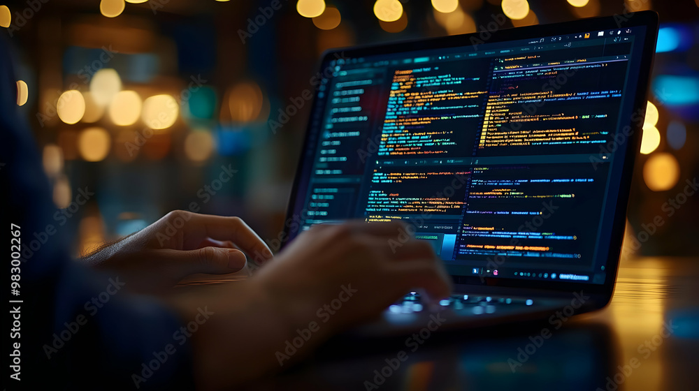 Software Developer Working on Code on Laptop in a Cafe Software Developer Working on Code on Laptop in a Cafe