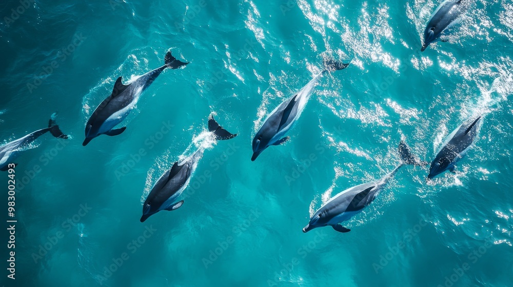 Obraz premium A pod of dolphins swims joyfully through crystal-clear turquoise waters, exhibiting playful behavior while basking in the radiant sunlight