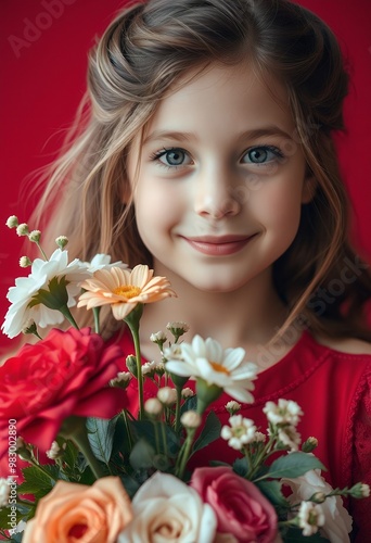 Portrait of a Young Girl Holding a Bouquet of Flowers