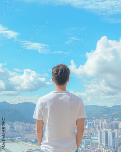 Young Man Observing Cityscape under Clear Sky – Urban Disaster Recovery Awareness