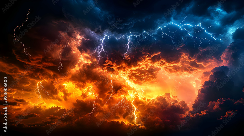 Dramatic Sky with Lightning Illuminates Fiery Clouds at Sunset