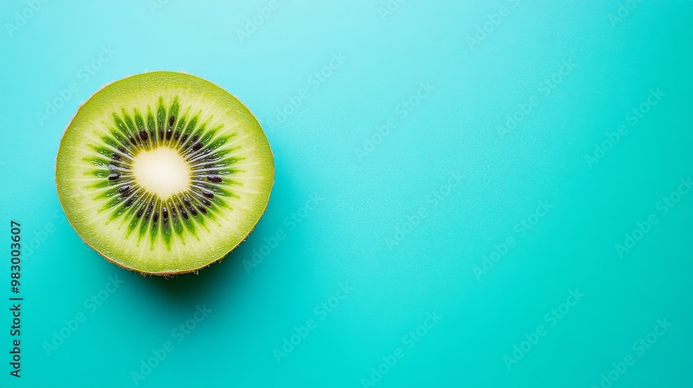 A single slice of kiwi is showcased against a pastel blue background, emphasizing its vibrant green hue and intricate pattern. This closeup captures the fruit’s natural beauty A single slice of kiwi is showcased against a pastel blue background, emphasizing its vibrant green hue and intricate pattern. This closeup captures the fruit’s natural beauty