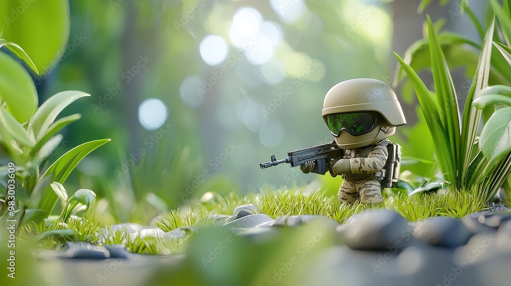 Tiny Soldier in Lush Green Wilderness Setting