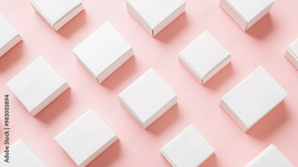 Multiple white gift boxes of different sizes are neatly arranged against a solid pastel background, creating a visually appealing composition ideal for gift-giving occasions Multiple white gift boxes of different sizes are neatly arranged against a solid pastel background, creating a visually appealing composition ideal for gift-giving occasions
