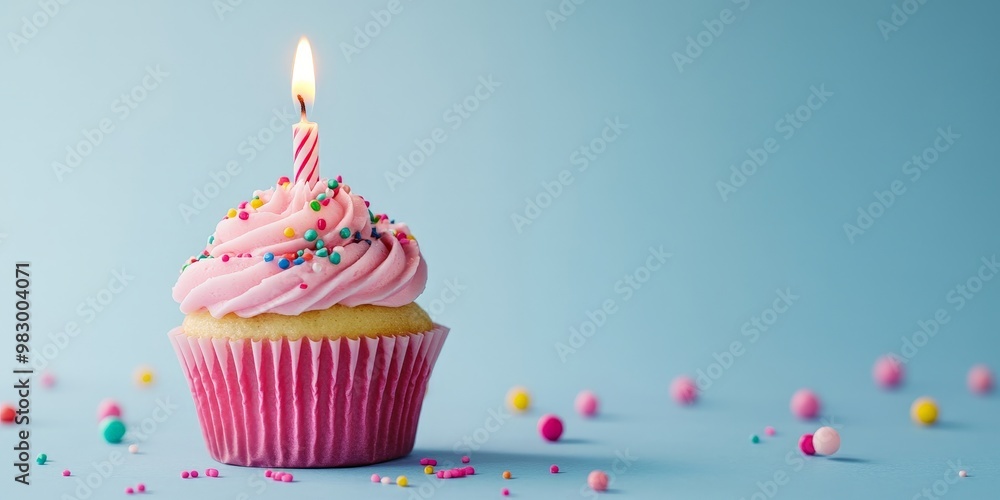A pink cupcake with a lit candle on top