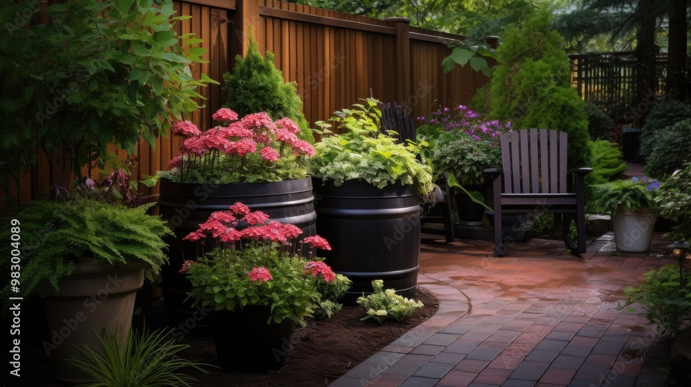 Fototapeta premium A cozy garden corner featuring colorful flowers in barrels surrounded by lush green foliage, creating a serene and inviting atmosphere.