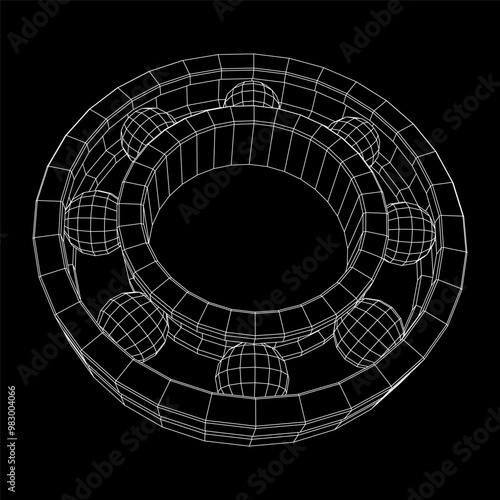 Roller bearing. Circular round rotating bearings used in industry for heavy equipment mechanical work and engineering. Wireframe low poly mesh vector illustration.