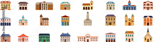 Colonial style building icons set. This set of colorful buildings is perfect for illustrating concepts such as architecture, urbanism, tourism and real estate