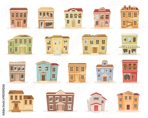 Old Weathered House and Dwelling with Broken Roof and Window Vector Set
