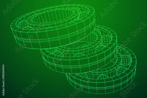 Roller bearing. Circular round rotating bearings used in industry for heavy equipment mechanical work and engineering. Wireframe low poly mesh vector illustration.