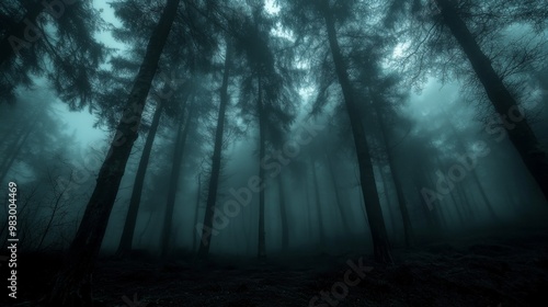 Tall dark trees rise against a thick mist, creating an atmosphere of calm mystery in the forest. The fog envelops the landscape, enhancing its beauty