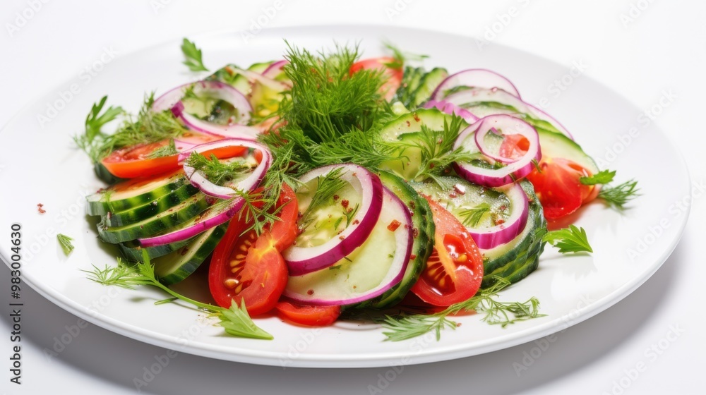 A fresh cucumber and tomato salad garnished with dill and red onions, presented on a white plate. A fresh cucumber and tomato salad garnished with dill and red onions, presented on a white plate.